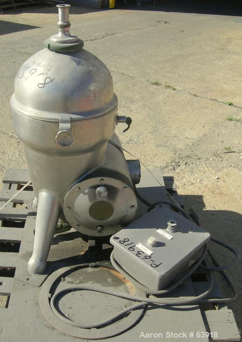 USED: Delaval 375 solid bowl disc centrifuge, 316 stainless steel construction, clarifier design, bottom feed, tri-pod frame, direct drive, approximate 3 hp drive motor, start/stop control.