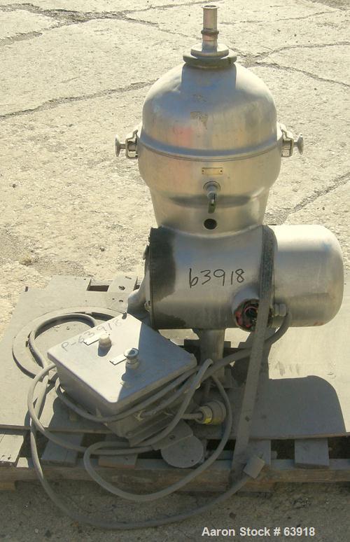 USED: Delaval 375 solid bowl disc centrifuge, 316 stainless steel construction, clarifier design, bottom feed, tri-pod frame, direct drive, approximate 3 hp drive motor, start/stop control.