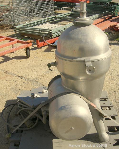 USED: Delaval 375 solid bowl disc centrifuge, 316 stainless steel construction, clarifier design, bottom feed, tri-pod frame, direct drive, approximate 3 hp drive motor, start/stop control.