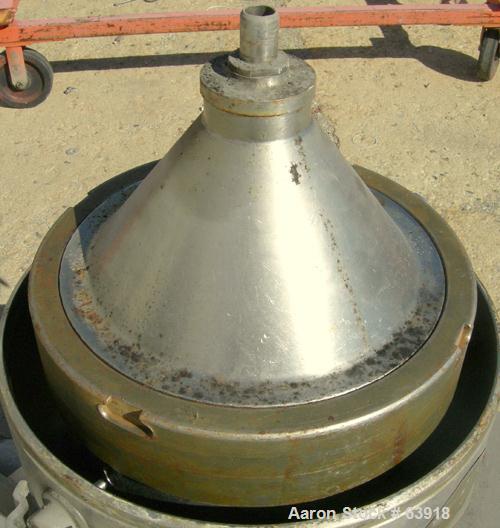 USED: Delaval 375 solid bowl disc centrifuge, 316 stainless steel construction, clarifier design, bottom feed, tri-pod frame, direct drive, approximate 3 hp drive motor, start/stop control.