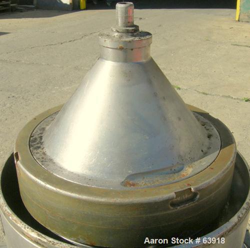 USED: Delaval 375 solid bowl disc centrifuge, 316 stainless steel construction, clarifier design, bottom feed, tri-pod frame, direct drive, approximate 3 hp drive motor, start/stop control.