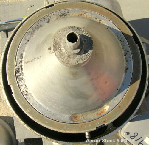 USED: Delaval 375 solid bowl disc centrifuge, 316 stainless steel construction, clarifier design, bottom feed, tri-pod frame, direct drive, approximate 3 hp drive motor, start/stop control.
