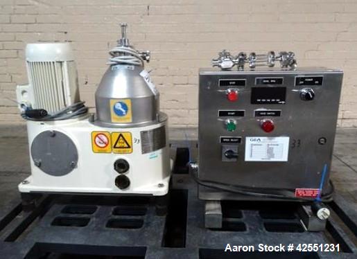 Used GEA Westfaila CTC-1-06-107 Solid Bowl Disc Centrifuge, Stainless Steel. 12,000 Rpm max bowl speed, rated 1.0kg/cu dm heavy phase, 1.4kg/cu dm solids, approximately 1.32 kW motor, centrifugal pum...
