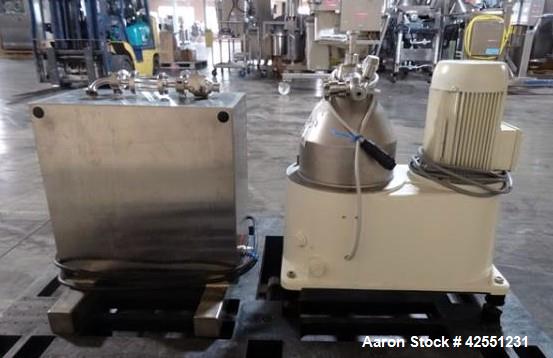 Used GEA Westfaila CTC-1-06-107 Solid Bowl Disc Centrifuge, Stainless Steel. 12,000 Rpm max bowl speed, rated 1.0kg/cu dm heavy phase, 1.4kg/cu dm solids, approximately 1.32 kW motor, centrifugal pum...