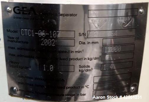 Used GEA Westfaila CTC-1-06-107 Solid Bowl Disc Centrifuge, Stainless Steel. 12,000 Rpm max bowl speed, rated 1.0kg/cu dm heavy phase, 1.4kg/cu dm solids, approximately 1.32 kW motor, centrifugal pum...