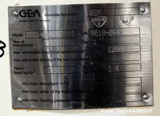 Used GEA Westfaila CTC-1-06-107 Solid Bowl Disc Centrifuge, Stainless Steel. 12,000 Rpm max bowl speed, rated 1.0kg/cu dm heavy phase, 1.4kg/cu dm solids, approximately 1.32 kW motor, centrifugal pum...