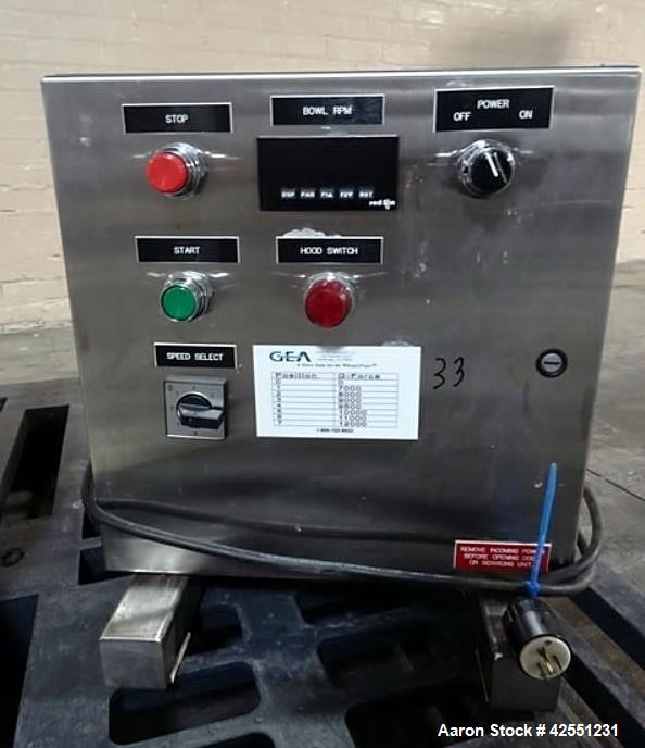 Used GEA Westfaila CTC-1-06-107 Solid Bowl Disc Centrifuge, Stainless Steel. 12,000 Rpm max bowl speed, rated 1.0kg/cu dm heavy phase, 1.4kg/cu dm solids, approximately 1.32 kW motor, centrifugal pum...