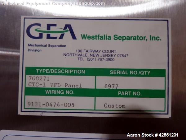 Used GEA Westfaila CTC-1-06-107 Solid Bowl Disc Centrifuge, Stainless Steel. 12,000 Rpm max bowl speed, rated 1.0kg/cu dm heavy phase, 1.4kg/cu dm solids, approximately 1.32 kW motor, centrifugal pum...