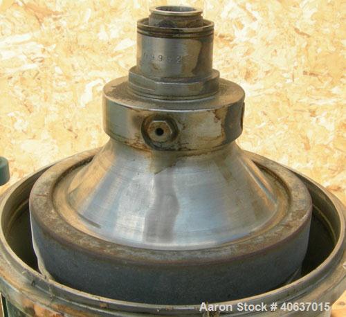 Used Delaval Gyro Tester Lab Disc Centrifuge, 316 stainless steel. Separator bowl design. Driven by a 1/3 hp, 1/60/115 volt, 3450 rpm XP motor. Base mounted. Missing top cover and feed pipe.   
