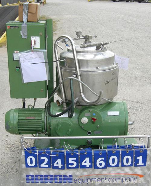 Used Westfalia BKA-25-86-076 Solid Bowl Disc Centrifuge, 316 Stainless Steel Construction (product contact areas). Maximum bowl speed 6500 rpm, chamber bowl clarifier design, centripetal pump liquid ...