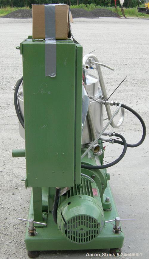 Used Westfalia BKA-25-86-076 Solid Bowl Disc Centrifuge, 316 Stainless Steel Construction (product contact areas). Maximum bowl speed 6500 rpm, chamber bowl clarifier design, centripetal pump liquid ...