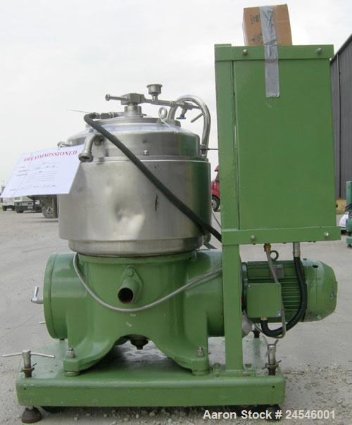 Used Westfalia BKA-25-86-076 Solid Bowl Disc Centrifuge, 316 Stainless Steel Construction (product contact areas). Maximum bowl speed 6500 rpm, chamber bowl clarifier design, centripetal pump liquid ...
