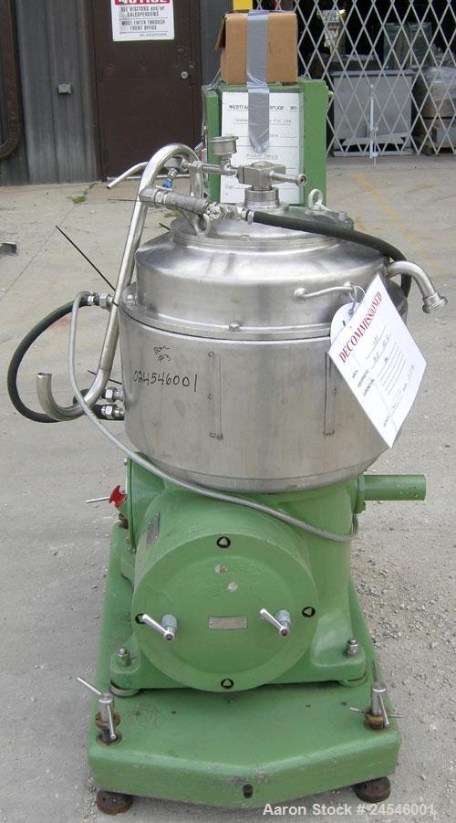 Used Westfalia BKA-25-86-076 Solid Bowl Disc Centrifuge, 316 Stainless Steel Construction (product contact areas). Maximum bowl speed 6500 rpm, chamber bowl clarifier design, centripetal pump liquid ...
