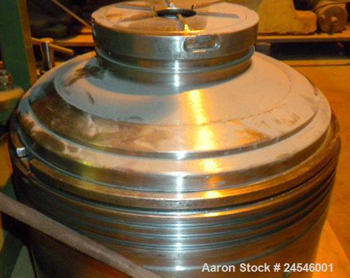 Used Westfalia BKA-25-86-076 Solid Bowl Disc Centrifuge, 316 Stainless Steel Construction (product contact areas). Maximum bowl speed 6500 rpm, chamber bowl clarifier design, centripetal pump liquid ...