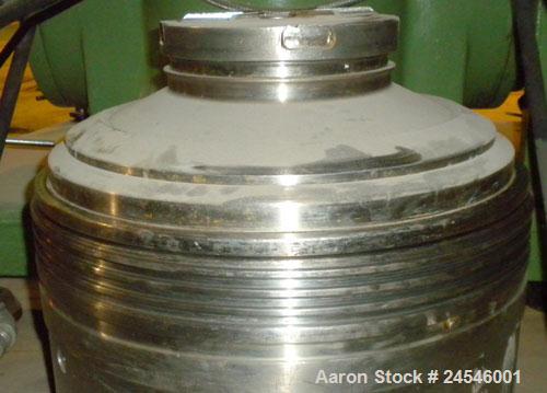 Used Westfalia BKA-25-86-076 Solid Bowl Disc Centrifuge, 316 Stainless Steel Construction (product contact areas). Maximum bowl speed 6500 rpm, chamber bowl clarifier design, centripetal pump liquid ...