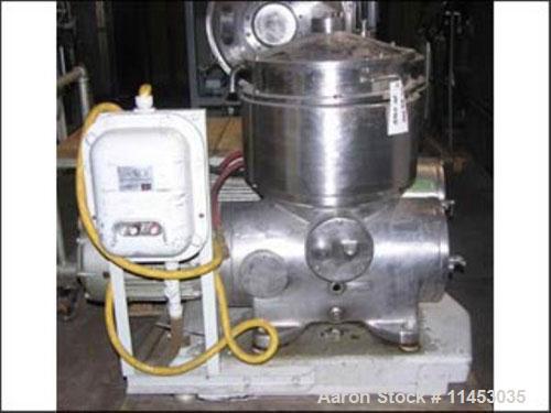 Used Westfalia BKA-25-86-576 solid bowl disc centrifuge. Stainless steel on product contact areas. Max bowl speed 66,000 rpm, clarifier design, jacketed bowl housing, direct drive configuration, cent...