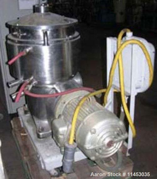 Used Westfalia BKA-25-86-576 solid bowl disc centrifuge. Stainless steel on product contact areas. Max bowl speed 66,000 rpm, clarifier design, jacketed bowl housing, direct drive configuration, cent...