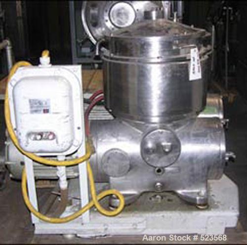 USED: Westfalia BKA-25-86-576 solid bowl disc centrifuge. 316 stainless steel construction on product contact areas, max bowl speed660 rpm, clarifier design, centripetal pump liquid discharge, coolin...