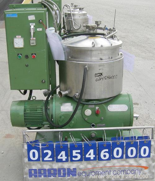 Used Westfalia BKA-28-86-076 Solid Bowl Disc Centrifuge, 316 Stainless Steel Construction (product contact areas). Maximum bowl speed 6500 rpm, chamber bowl clarifier design, centripetal pump liquid ...