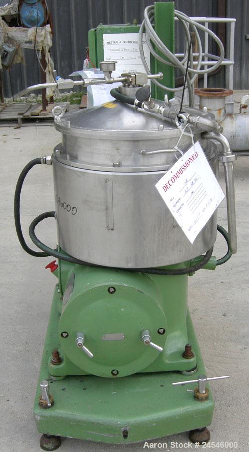 Used Westfalia BKA-28-86-076 Solid Bowl Disc Centrifuge, 316 Stainless Steel Construction (product contact areas). Maximum bowl speed 6500 rpm, chamber bowl clarifier design, centripetal pump liquid ...