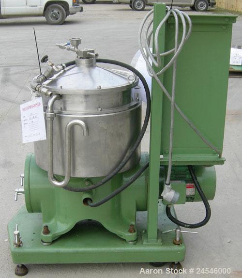 Used Westfalia BKA-28-86-076 Solid Bowl Disc Centrifuge, 316 Stainless Steel Construction (product contact areas). Maximum bowl speed 6500 rpm, chamber bowl clarifier design, centripetal pump liquid ...