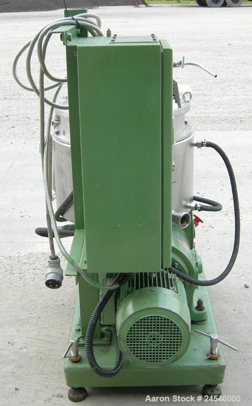 Used Westfalia BKA-28-86-076 Solid Bowl Disc Centrifuge, 316 Stainless Steel Construction (product contact areas). Maximum bowl speed 6500 rpm, chamber bowl clarifier design, centripetal pump liquid ...