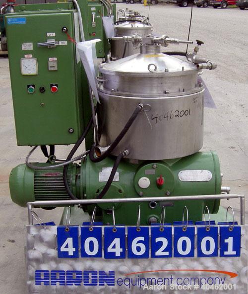 Used: Westfalia BKA-28-86-076 solid bowl disc centrifuge, 316 stainless steel construction (product contact areas), max bowl speed 6500 rpm, chamber bowl clarifier design, centripetal pump liquid dis...