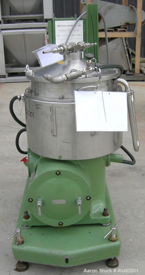 Used: Westfalia BKA-28-86-076 solid bowl disc centrifuge, 316 stainless steel construction (product contact areas), max bowl speed 6500 rpm, chamber bowl clarifier design, centripetal pump liquid dis...