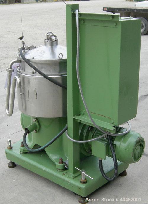 Used: Westfalia BKA-28-86-076 solid bowl disc centrifuge, 316 stainless steel construction (product contact areas), max bowl speed 6500 rpm, chamber bowl clarifier design, centripetal pump liquid dis...