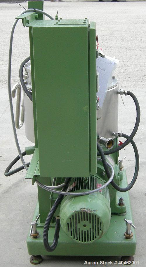 Used: Westfalia BKA-28-86-076 solid bowl disc centrifuge, 316 stainless steel construction (product contact areas), max bowl speed 6500 rpm, chamber bowl clarifier design, centripetal pump liquid dis...