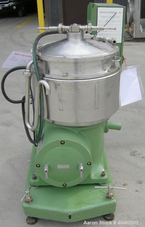Used: Westfalia BKA-28-86-076 Solid Bowl Disc Centrifuge, 316 stainless steel construction (product contact areas), max bowl speed 6500 rpm, chamber bowl clarifier design, centripetal pump liquid dis...