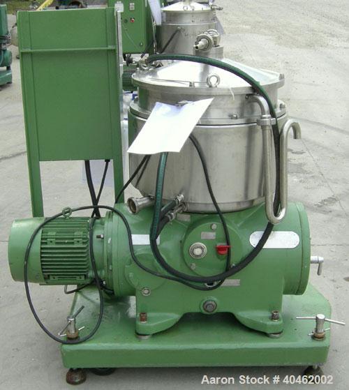 Used: Westfalia BKA-28-86-076 Solid Bowl Disc Centrifuge, 316 stainless steel construction (product contact areas), max bowl speed 6500 rpm, chamber bowl clarifier design, centripetal pump liquid dis...