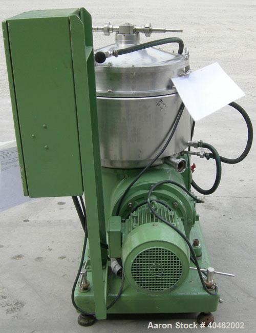 Used: Westfalia BKA-28-86-076 Solid Bowl Disc Centrifuge, 316 stainless steel construction (product contact areas), max bowl speed 6500 rpm, chamber bowl clarifier design, centripetal pump liquid dis...