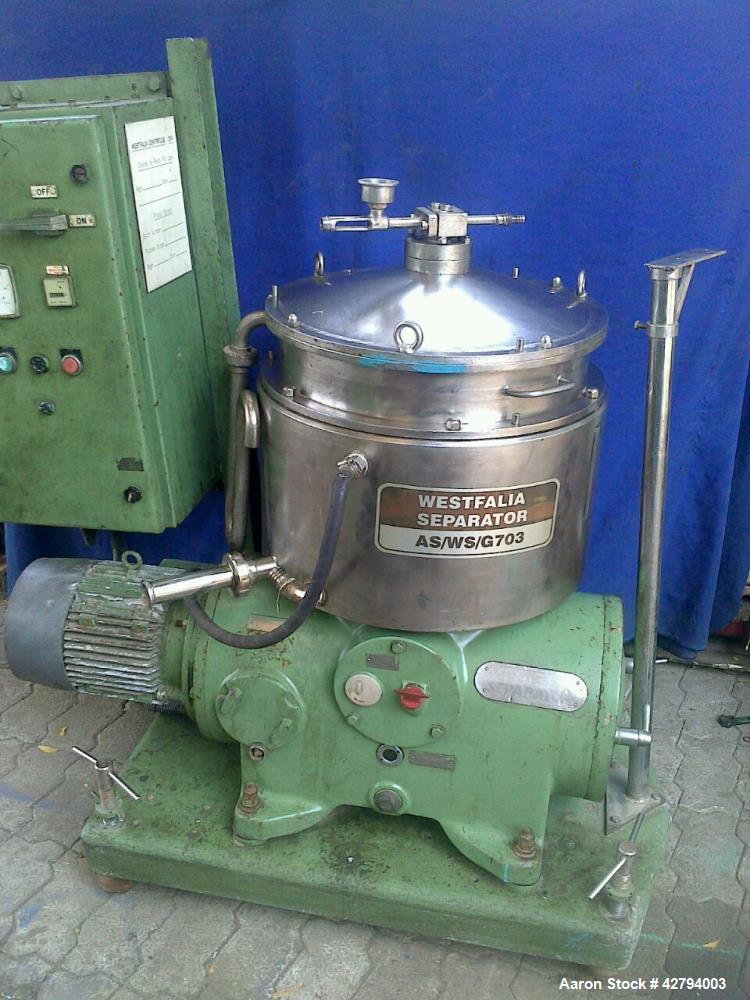 Used Westfalia BKA-28-86-076 Solid Bowl Disc Centrifuge. 316 stainless steel construction (product contact areas), max bowl speed 6500 rpm, chamber bowl clarifier design, centripetal pump liquid disc...