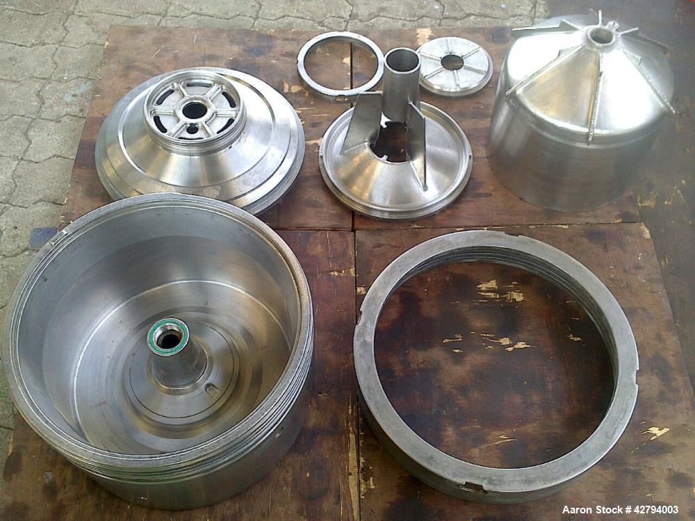 Used Westfalia BKA-28-86-076 Solid Bowl Disc Centrifuge. 316 stainless steel construction (product contact areas), max bowl speed 6500 rpm, chamber bowl clarifier design, centripetal pump liquid disc...