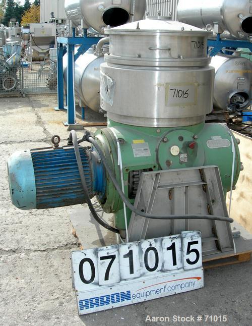 USED: Westfalia BKA-35-86-576 solid bowl disc centrifuge.316 stainless steel construction (product contact areas). Max bowl speed 5000 rpm, two chamber bowl design, centripetal pump liquid discharge,...