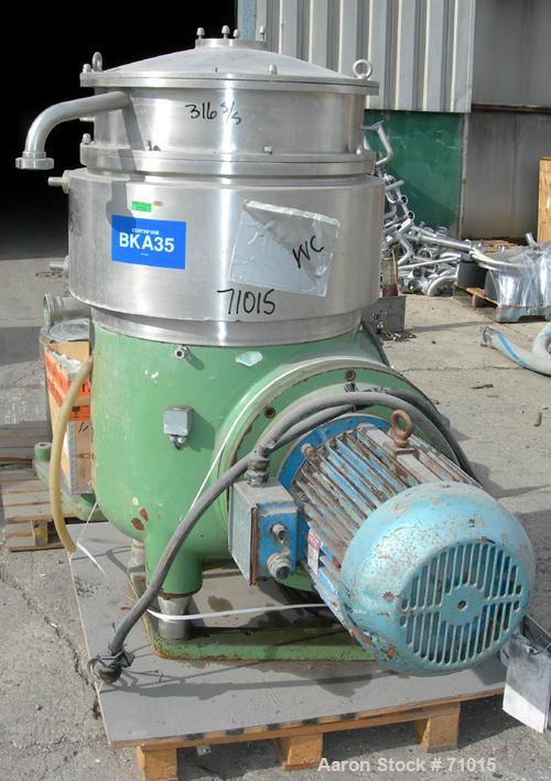 USED: Westfalia BKA-35-86-576 solid bowl disc centrifuge.316 stainless steel construction (product contact areas). Max bowl speed 5000 rpm, two chamber bowl design, centripetal pump liquid discharge,...