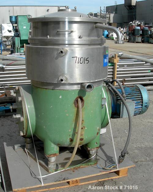 USED: Westfalia BKA-35-86-576 solid bowl disc centrifuge.316 stainless steel construction (product contact areas). Max bowl speed 5000 rpm, two chamber bowl design, centripetal pump liquid discharge,...