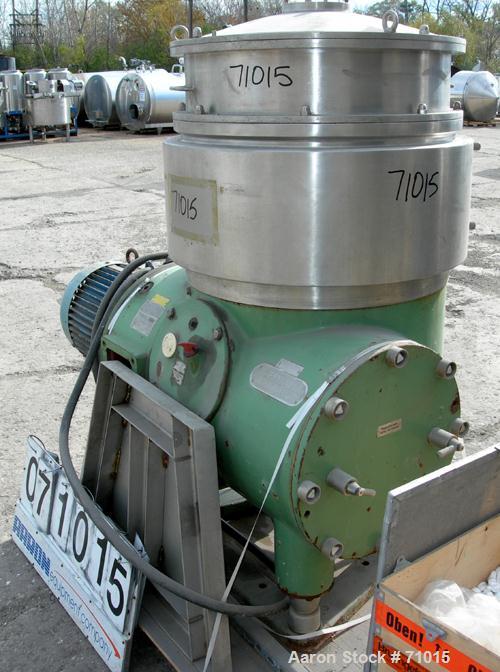 USED: Westfalia BKA-35-86-576 solid bowl disc centrifuge.316 stainless steel construction (product contact areas). Max bowl speed 5000 rpm, two chamber bowl design, centripetal pump liquid discharge,...
