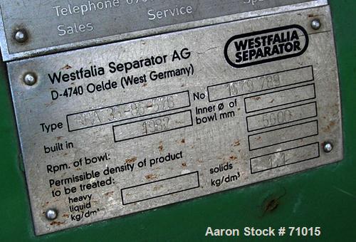 USED: Westfalia BKA-35-86-576 solid bowl disc centrifuge.316 stainless steel construction (product contact areas). Max bowl speed 5000 rpm, two chamber bowl design, centripetal pump liquid discharge,...