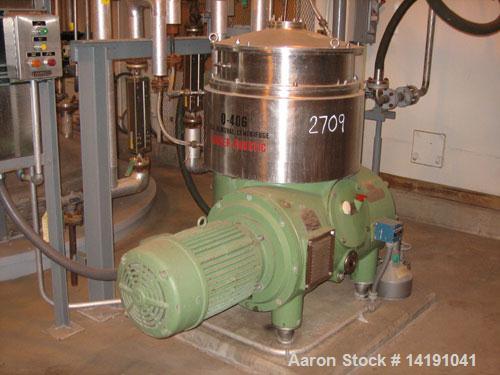 Used Westfalia BKA-45-86-076 Solid Bowl Disc Centrifuge, 316 stainless steel construction (product contact areas).Max bowl speed 5400 rpm, chamber bowl design, centripetal pump liquid discharge, dire...