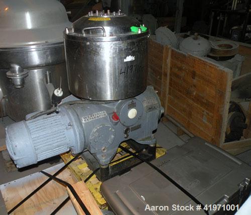 Used Westfalia BKA-6-86-076 Solid Bowl Disc Centrifuge, 316 Stainless Steel. Maximum bowl speed 8510 rpm, chamber bowl design, clarifier design (liquid/solids separation), centripetal pump liquid dis...
