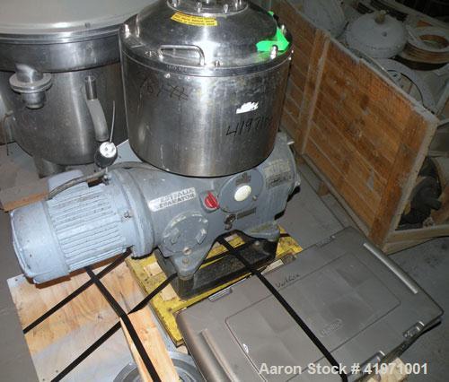 Used Westfalia BKA-6-86-076 Solid Bowl Disc Centrifuge, 316 Stainless Steel. Maximum bowl speed 8510 rpm, chamber bowl design, clarifier design (liquid/solids separation), centripetal pump liquid dis...