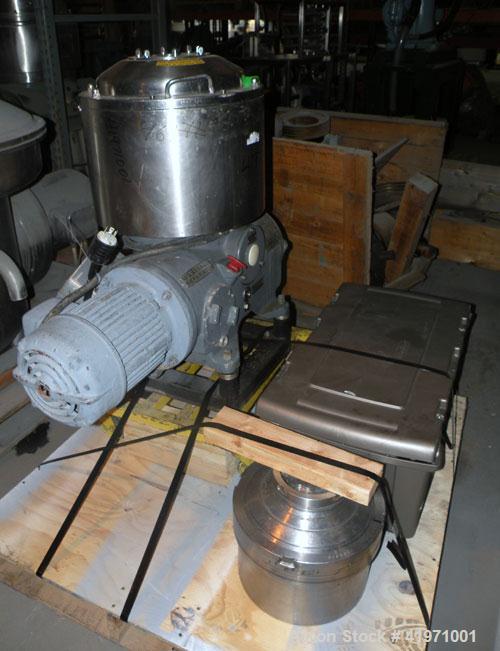Used Westfalia BKA-6-86-076 Solid Bowl Disc Centrifuge, 316 Stainless Steel. Maximum bowl speed 8510 rpm, chamber bowl design, clarifier design (liquid/solids separation), centripetal pump liquid dis...