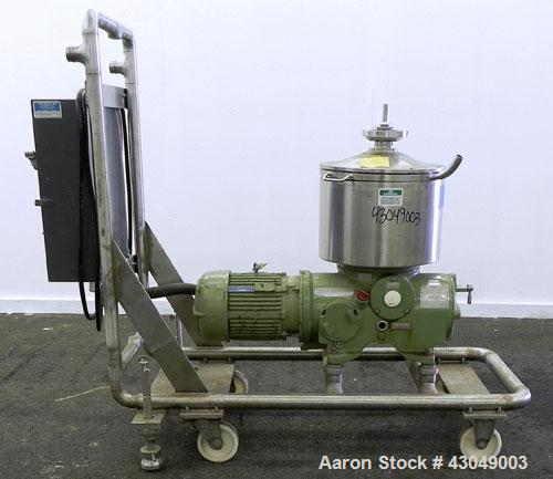 Used Westfalia BKA-6-86-076 Solid Bowl Disc Centrifuge, 316 Stainless Steel. Maximum bowl speed 8510 rpm, direct drive configuration, 7.5 hp drive motor. Mounted on a cart with casters and a control ...