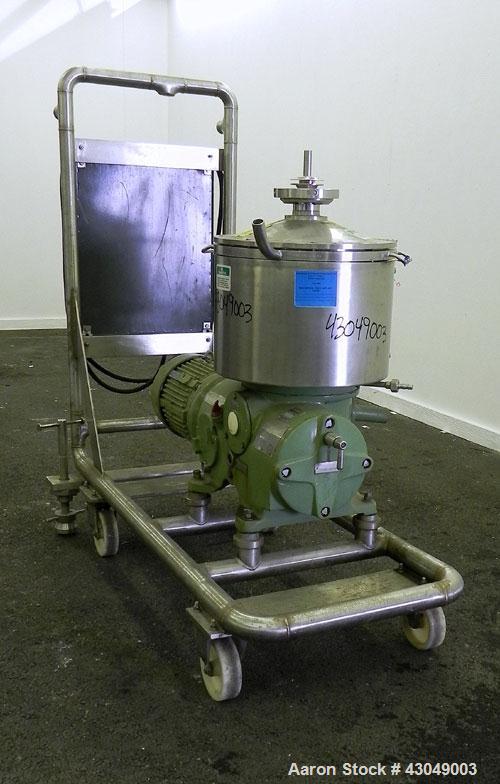 Used Westfalia BKA-6-86-076 Solid Bowl Disc Centrifuge, 316 Stainless Steel. Maximum bowl speed 8510 rpm, direct drive configuration, 7.5 hp drive motor. Mounted on a cart with casters and a control ...