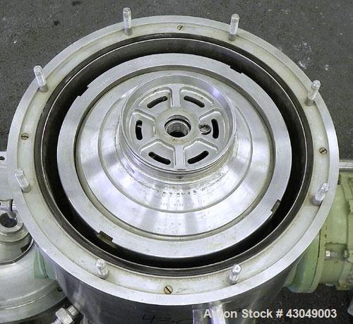 Used Westfalia BKA-6-86-076 Solid Bowl Disc Centrifuge, 316 Stainless Steel. Maximum bowl speed 8510 rpm, direct drive configuration, 7.5 hp drive motor. Mounted on a cart with casters and a control ...