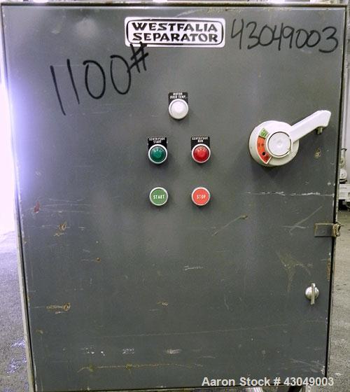 Used Westfalia BKA-6-86-076 Solid Bowl Disc Centrifuge, 316 Stainless Steel. Maximum bowl speed 8510 rpm, direct drive configuration, 7.5 hp drive motor. Mounted on a cart with casters and a control ...