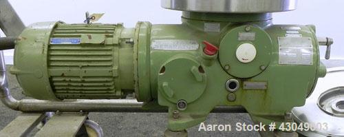 Used Westfalia BKA-6-86-076 Solid Bowl Disc Centrifuge, 316 Stainless Steel. Maximum bowl speed 8510 rpm, direct drive configuration, 7.5 hp drive motor. Mounted on a cart with casters and a control ...