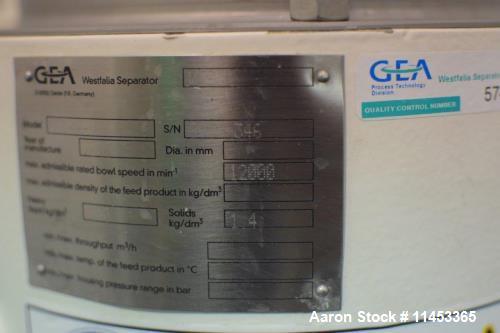 Used- GEA Westfaila CTC-1-06-107 Solid Bowl Disc Centrifuge, Stainless Steel. 12,000 rpm max bowl speed, rated 1.0kg/cu dm h...